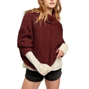 Free People My Only Sunshine Chunky Knit Turtleneck Maroon Sweater Large